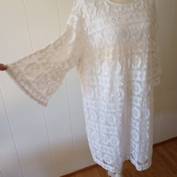 Ruby Rd Dress 2X White Lace Floral Crochet Boho Romantic Fairy Bell Sleeve Lined - Picture 2 of 5